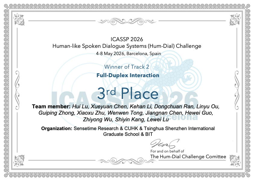Certificate for 3rd place in Track 2 of the ICASSP 2026 Human-like Spoken Dialogue Systems Challenge